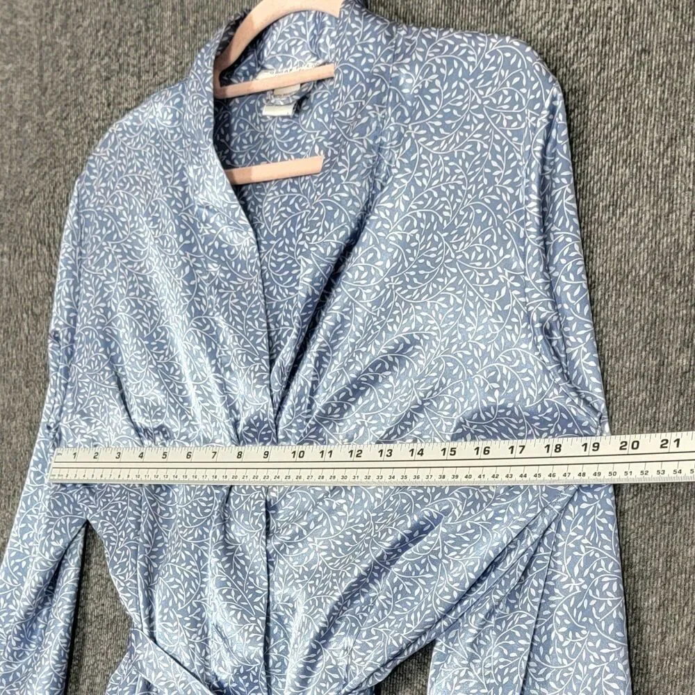 Vintage Morgan Taylor Intimates Robe XS Blue White Floral Satin 3/4 Sleeve Belt